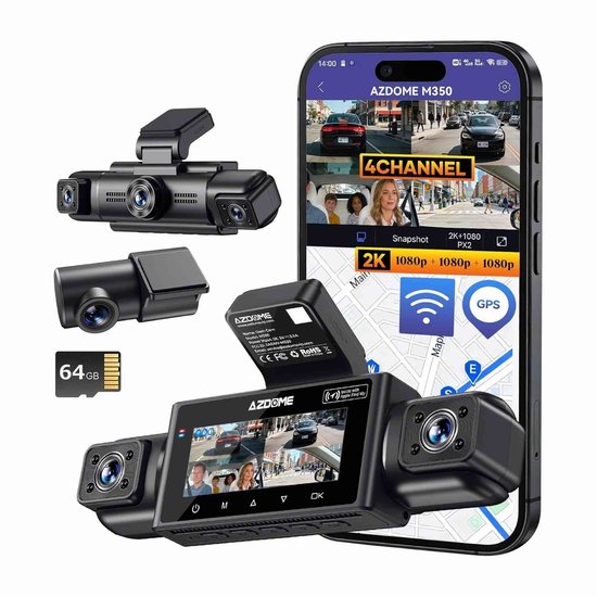 AZDome M350 4CH Dashcam - 2K + 3x Full HD - Wifi - GPS - 64GB