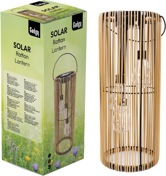 Gadgy Solar Tuinverlichting op Zonne-energie – Rotan Lantaarn voor Buiten – Hanglamp of Tafellamp – Spatwaterdicht – Sfeerverlichting voor Tuin, Balkon of Terras - Bruin – Ø17 x 41 cm – Dag/Nacht Sensor
