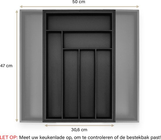 Budu Uitschuifbare Bamboe Bestekbak #47 (47 cm diep) - Zwart - Bestekcassette Hout - Besteklade - 47 x 30,6 - 50 cm - 6/8 vakken