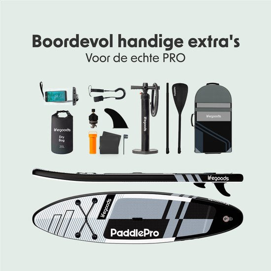 LifeGoods PaddlePro SUP Board Pro - Pro Set - Opblaasbaar Paddle Board - Max. 150KG - 320x81cm - Zwart/Wit
