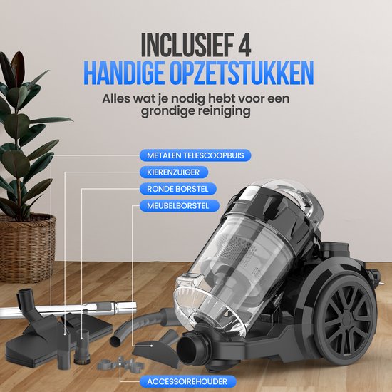 Strex Stofzuiger Zonder Zak - 700W Krachtige Zakloze Stofzuiger - HEPA Filter - 2.5L Stofreservoir - Extra Lang Snoer - Inclusief 4 Opzetstukken