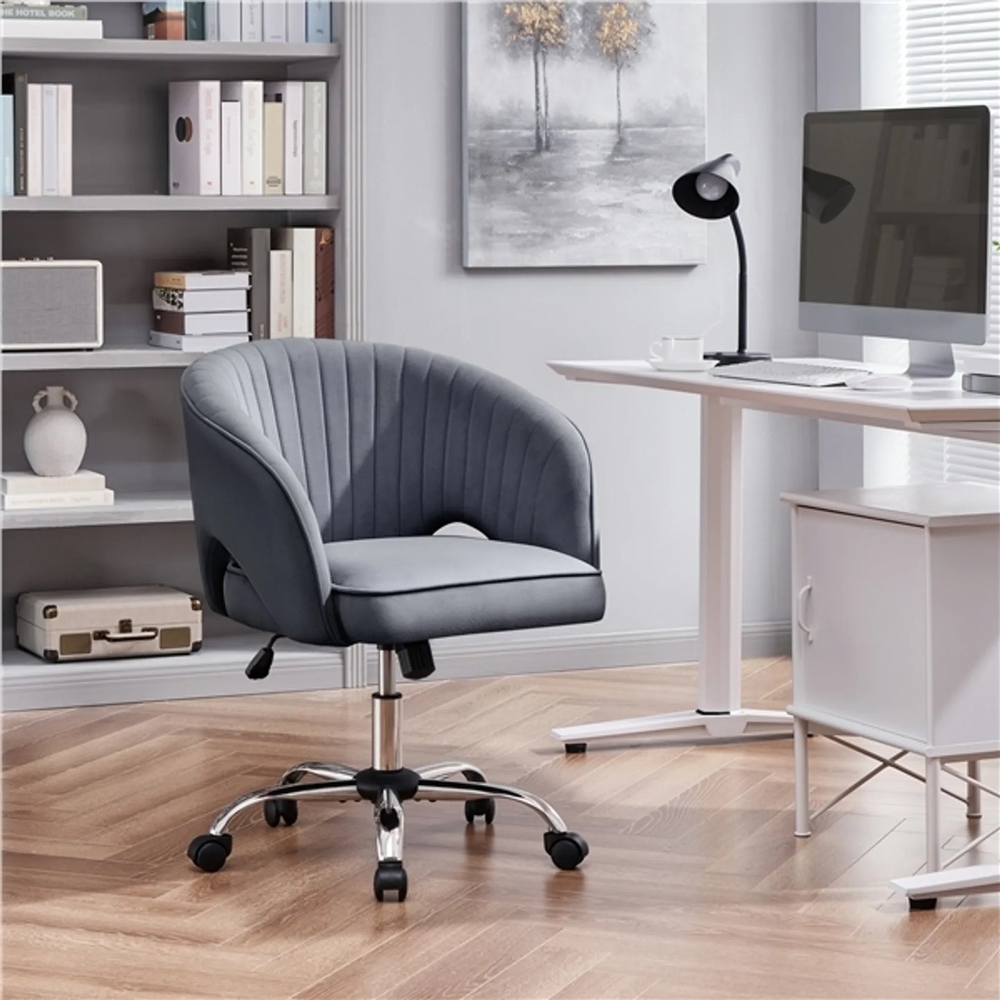 Yaheetech Bureaustoel Fauteuil – 60 x 56,5 x 73-83 cm – Voorzien Van Fluweelzachte Bekleding En Verstelbare Zithoogte En Ontspannende Schommelfunctie – Voor Kantoor En Ontvangsthal – Donkergrijs Polyester En Metaal
