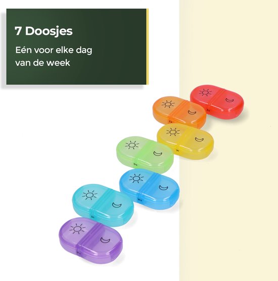 Gandria Pillendoos 7 Dagen - Uitneembaar Pillendoosje - Medicijndoos met 14 Compartimenten - Medicijndoos met Stevige Sluiting - 2 Vakken per Dag - 7 Kleuren