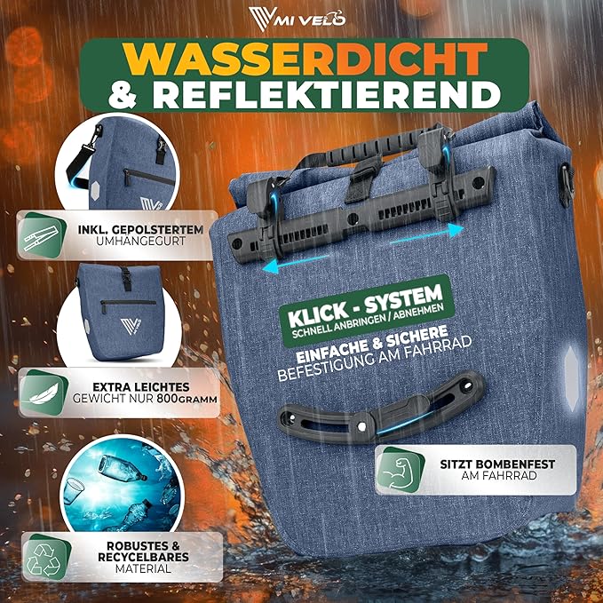 MIVELO Fietstas – Waterdicht & Incl. Laptopvak & Schouderband – 20 liter – Denimblauw