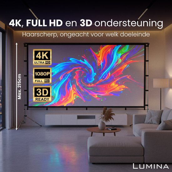 Lumina® Projectiescherm 100 inch – Beamer Scherm met Statief – Kreukvrij – Opvouwbaar – Met Draagtas – Voor Binnen & Buiten