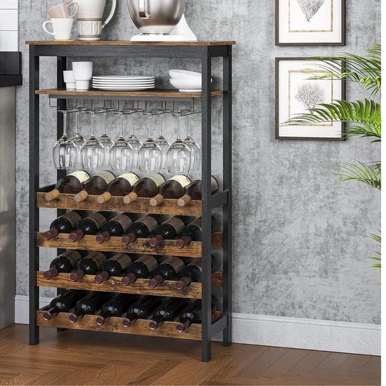 Niceey – Wijnkast Met Glazenhouder –  Voor 24 Flessen – 66 x 30 x 100 cm – Voorzien Van Bovenste Opbergplank En Ruimte Voor 15 Glazen – Voor Woonkamer En Keuken – Zwart En Bruin Metaal En Hout