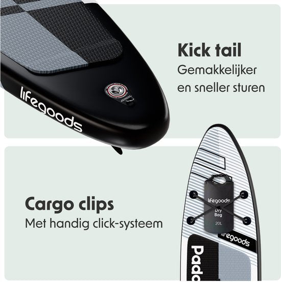 LifeGoods PaddlePro SUP Board Pro - Pro Set - Opblaasbaar Paddle Board - Max. 150KG - 320x81cm - Zwart/Wit