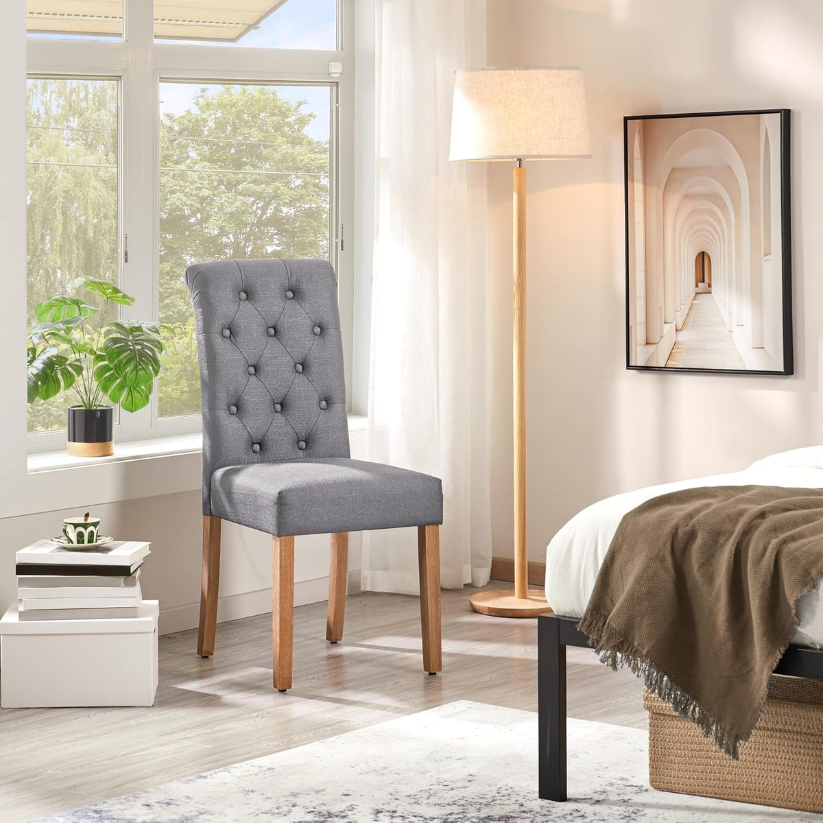 Yaheetech Eetkamerstoelen Set van 2 - Donkergrijs - 45,5 x 62 x 98,5 cm - Hoge Rugleuning, Houten Poten