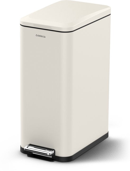 Deleca Prullenbak Prestige - 50 Liter - Smal - RVS Vuilnisbak / Afvalemmer / Pedaalemmer - Met Voetpedaal en Slow Close - Crème wit