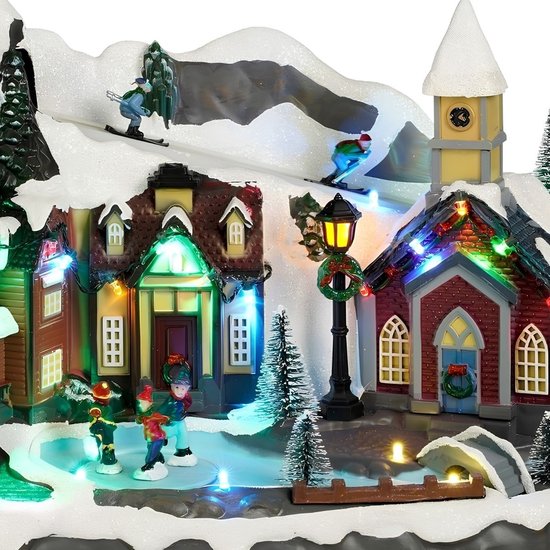 Luville Kerstdorp Miniatuur Dorpsplein - Kerstversiering met Schaatsende Bewoners - Kerst Decoratie met LED-verlichting en Draaiende Figuren - L34 x B18 x H24 cm - Wit