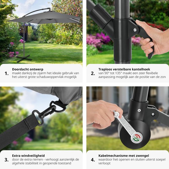 tectake® - Parasol Apollon vierkant 250 x 250 cm - Incl. windbeveiliging en beschermhoes - grijs