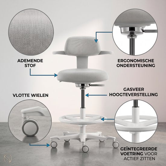 Backerz Ergonomische Werkkruk met Voetsteunring - Bureaustoelen voor Volwassenen - Volledig Verstelbaar, tot 120kg - Office Chair - Gamestoel - Wit