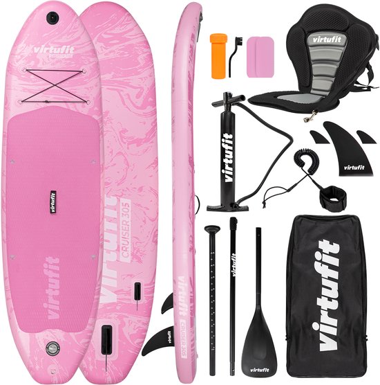 VirtuFit Cruiser Opblaasbaar SUP Board 305 cm - Max. 180 kg - Complete Set – Incl. Kajak Zitje, Peddel, Pomp, Tas & GoPro-mount – Stand Up Paddle Board - Roze