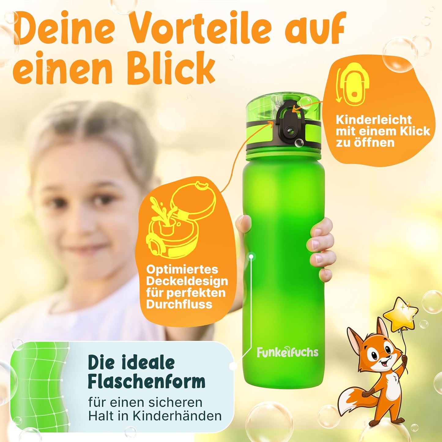 Funkelfuchs® - Drinkfles voor kinderen - 500ml, groen - koolzuurhoudend - 100% lekvrij - waterfles vaatwasmachinebestendig - voor kleuterschool, school, sport