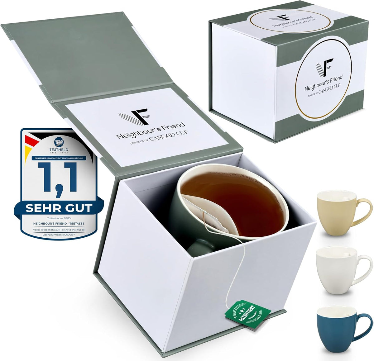 Neighbour's Friend Gepatenteerde theemok grijs geschenkverpakking I Keramische mok groot 325ml I Theemok steengoed I Keramische mok voor thee I Vaatwasmachinebestendige theemokken I Modern design voor theedrinkers