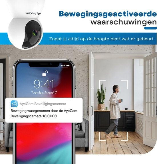 AyeCam Beveiligingscamera – Met App - WiFi - Bewegingssensor - Incl. 32GB SD - Camera Beveiliging - Huisdiercamera