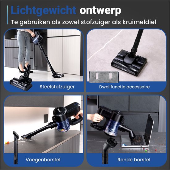 Saaf G80 Steelstofzuiger - 100W - met Dweilfunctie en Buigbare Steel - 8-delig - Stofzuiger zonder Zak - Draadloos - Zwart