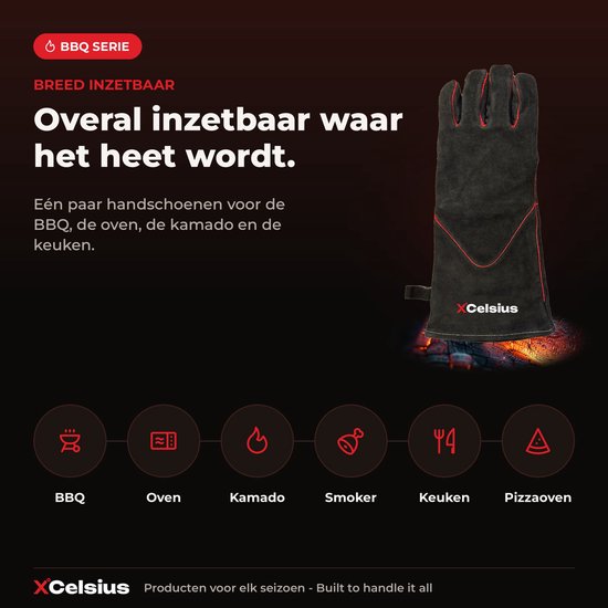 XCelsius® BBQ Handschoenen Splitleer – TÜV Gecertificeerd EN407 – Hittebestendige Barbecue Handschoenen en Ovenhandschoenen – Voor Kamado, Gietijzer, Roosters en Heat Deflectors – Cadeaus voor Mannen – 1 Paar – Zwart met Rood