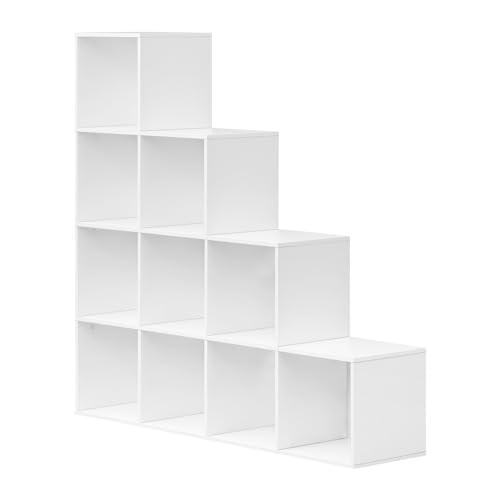 Woltu Boekenkast Trapvormige Plank met 10 Vakken Wit 120 x 30 x 120 cm