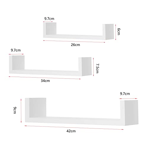 Woltu Wandplank Set U-vormig - MDF Wit - 3 Maten: 26x9,6x6 cm, 34x9,6x7,5 cm, 42x9,7x9 cm