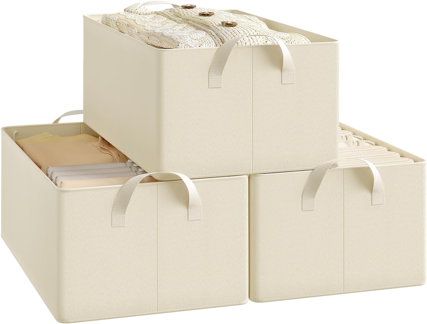 Woltu Set van 3 Opvouwbare Opbergboxen met Handgrepen - Crème - 47 x 28 x 20 cm