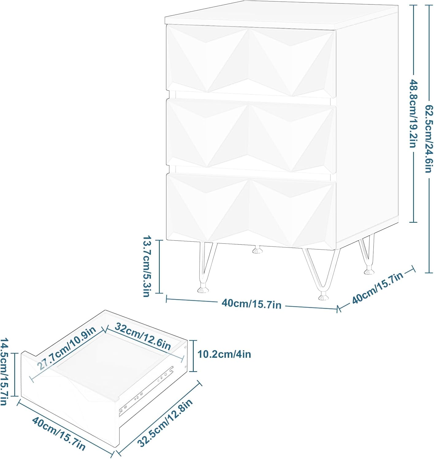 Eugad Nachtkastje met 3 Lades – 40x40x62,5 cm – Wit met Goud – Modern 3D Design