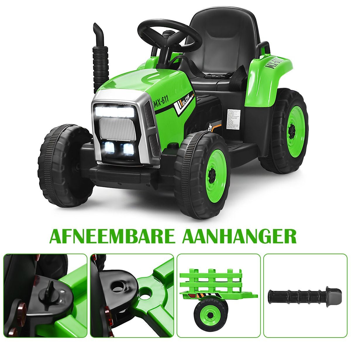 Coast Kindertractor met Aanhanger - 3 Versnellingen 12V - Groen