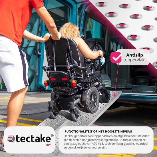 tectake® 2x Oprijplaten - Set van 2 Stalen Oprijplaten met Draagvermogen tot 400 kg - Antislip en Geperforeerd - Oprijplaat voor Auto, Aanhanger, Motorfiets, Zitmaaier, Rolstoel, Fiets (160 cm)