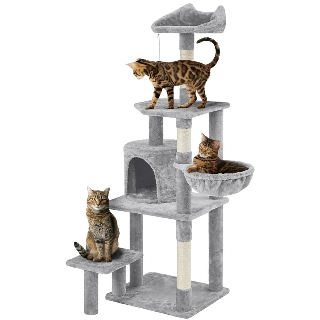 Yaheetech Krabpaal 145 cm - Lichtgrijs - Kattenboom met Kattenhuis, Hangmand en Uitkijkplatform