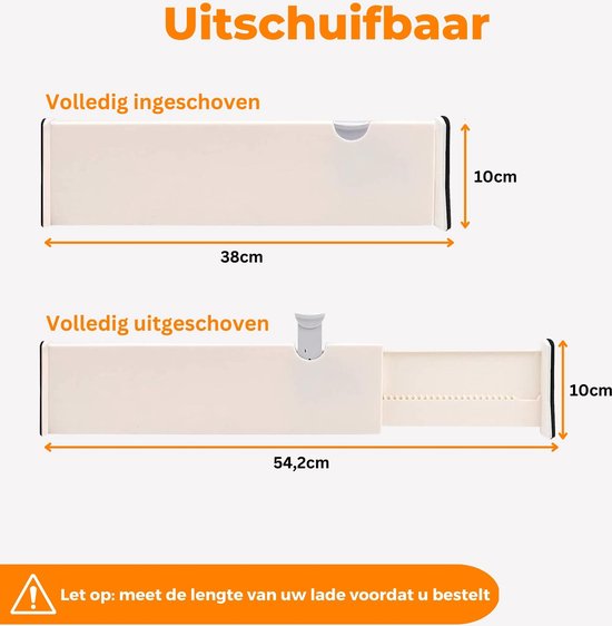 Posity Ladeverdeler - Verstelbaar & Uitschuifbaar - 4 Stuks - Lade Organizer - 38-54 cm - Voor Keuken, Slaapkamer & Kleding - Kunststof - Wit