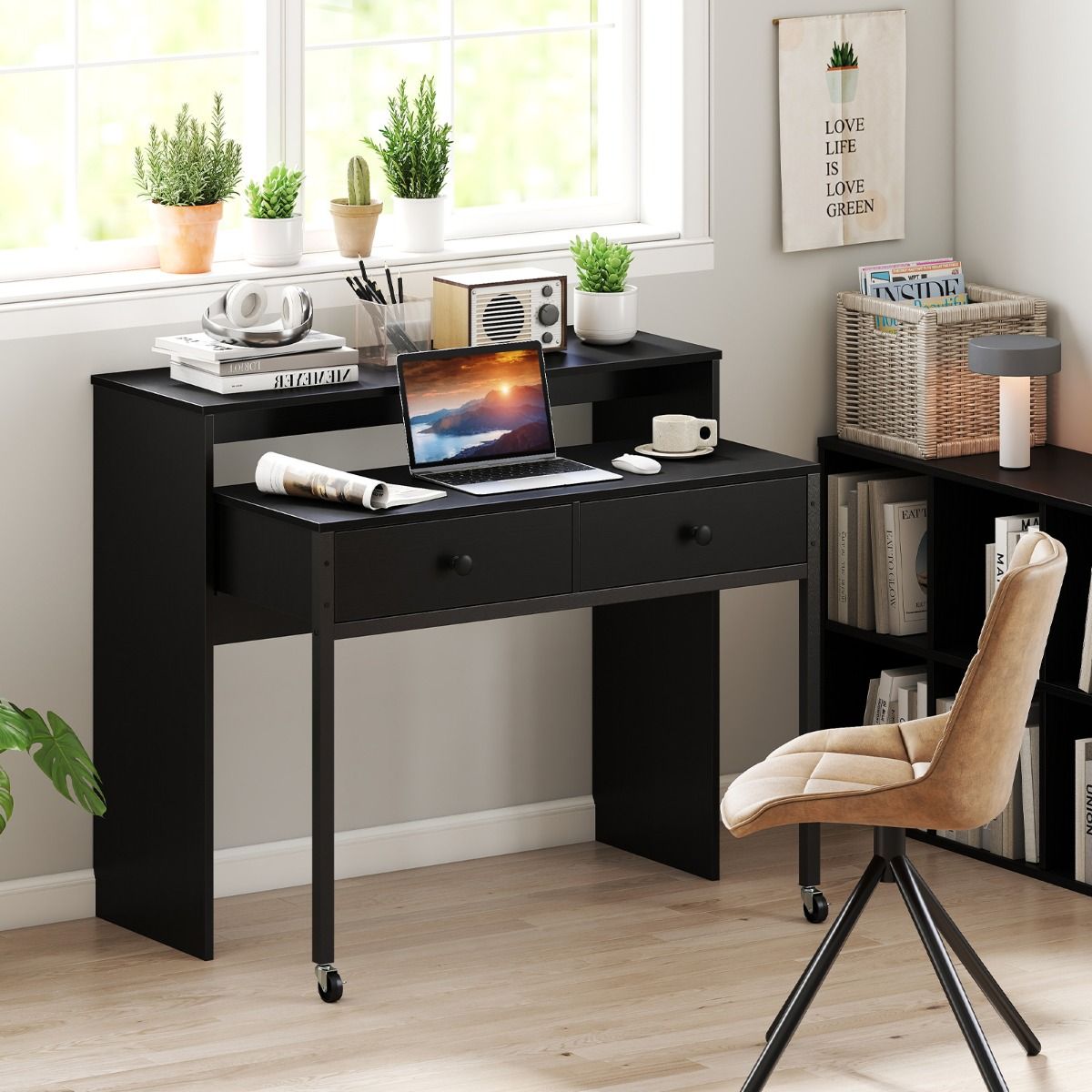 Coast Uitschuifbaar Bureau - met 2 lades - vergrendelbare wielen - zwart - 100 x 63 x 88 cm