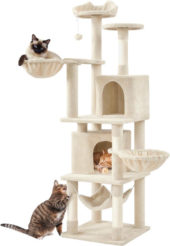 Yaheetech Krabpaal - 175 cm - Met Sisalpalen en Kattenhuisjes - Beige