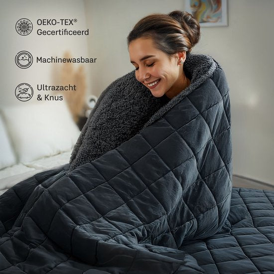 CozySense® Verzwaringsdeken 7 kg - Weighted Blanket - Zwaartedeken - GLASS-Flow® Drukverdeling - 135x200 - Flanelfluweel & Sherpa - Hypoallergeen - Zwart