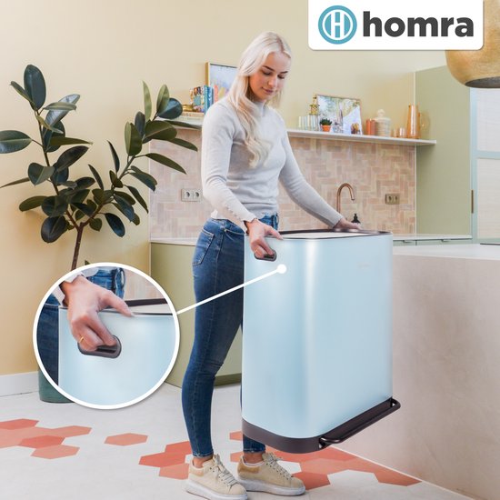 Homra Rockx Prullenbak 60 Liter - Duo Pedaalemmer 2X30L met Geurfilter - RVS Afvalscheidingsprullenbak 2 Vakken - Recycle Afvalbak - Vuilnisbak Keuken - Afvalemmer Afvalscheiding - Dubbele Prullenbakken Blauw