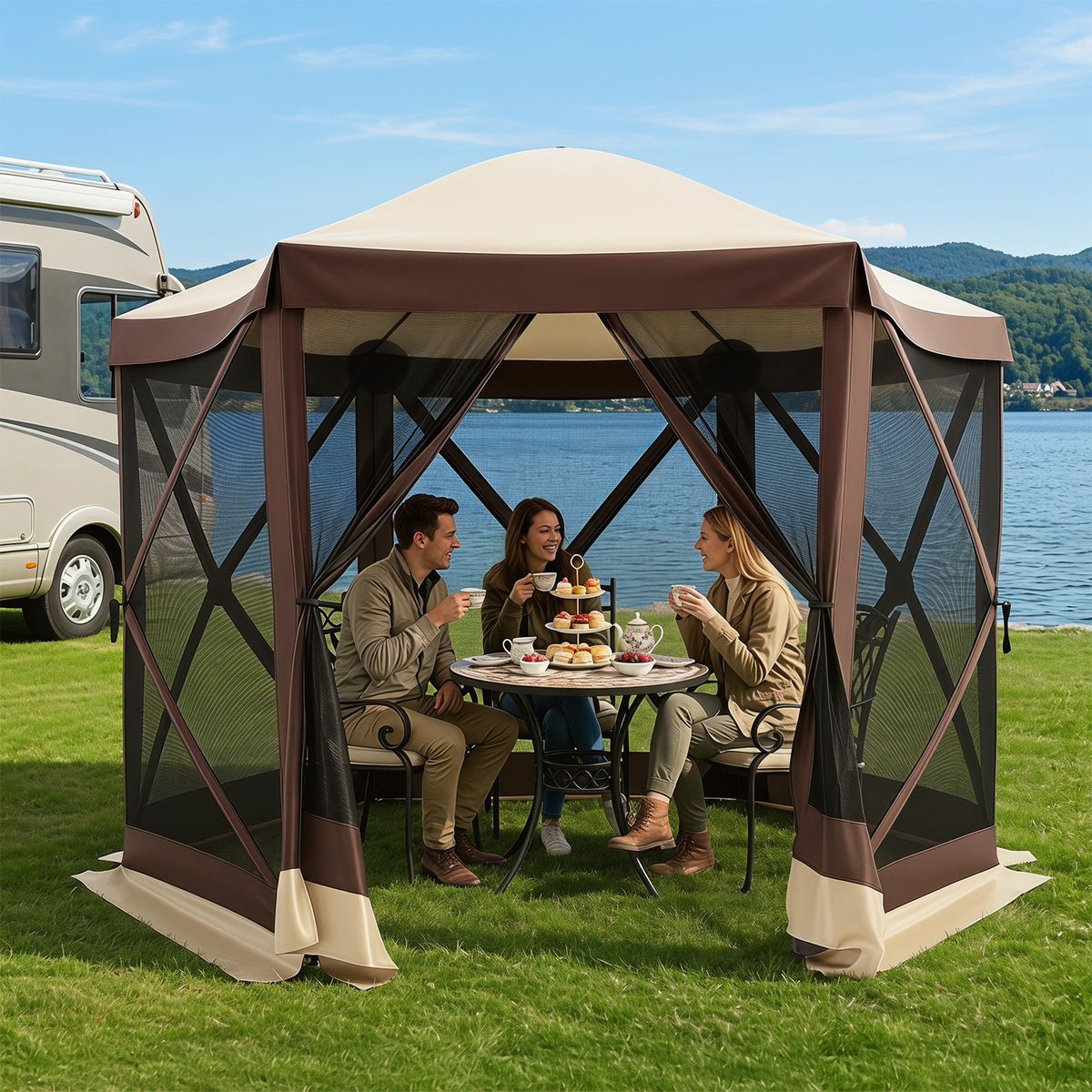 Coast Pop-up Partytent - met 6 muskietennetten - eenvoudig op te zetten - maat S - bruin