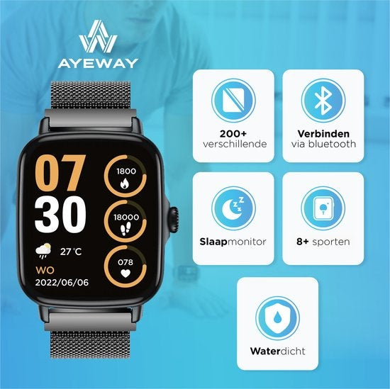AyeWay Smartwatch - Stalen Band - Waterdicht & Touchscreen - 70 Sportmodes - Met App - Smartwatch Heren & Dames - Zwart
