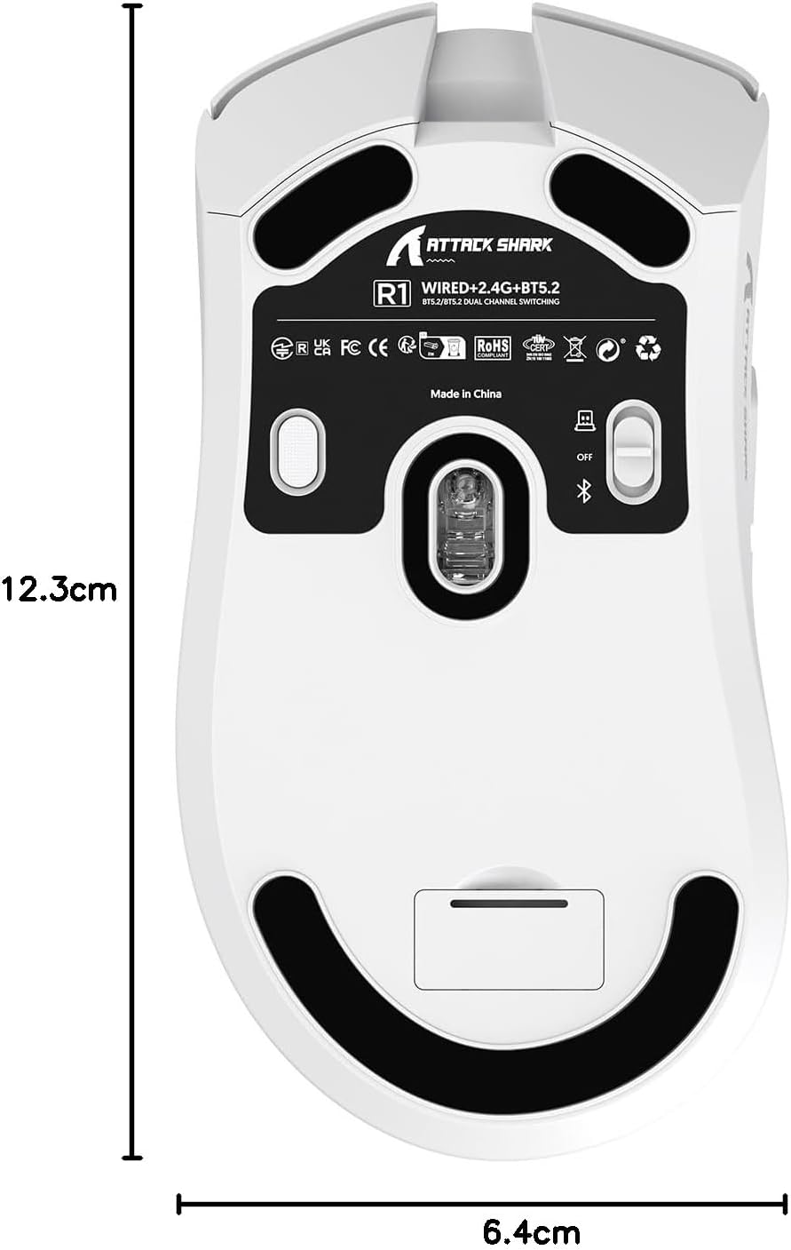 ATTACK SHARK R1 Superlight Gamingmuis 59g – Wit – 12,2 × 6,4 × 3,8 cm – Draadloos & Bedraad – Tot 18.000 DPI – 65 Uur Batterijduur
