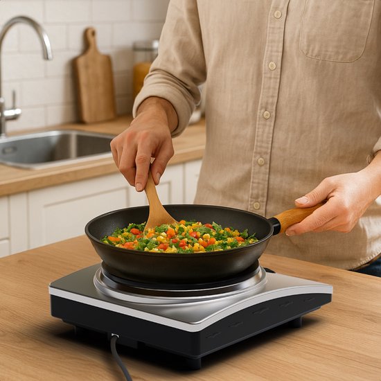 KitchenBrothers Elektrische Kookplaat - 1 Pits - Vrijstaand - 7 temperatuurstanden - 1500W - RVS/Zwart