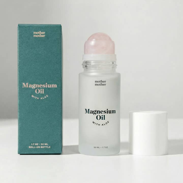 Mother Mother Magnesiumolie Roll-On met Aloë en Rozenkwartsroller - 50 ml - Transparant Glazen Fles