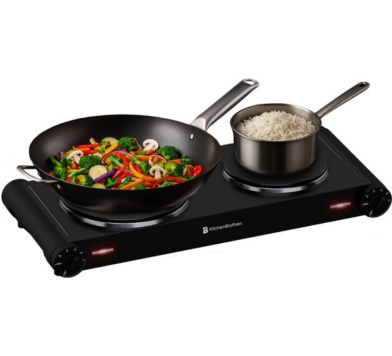 KitchenBrothers Elektrische Kookplaat - 2 Pits - Vrijstaand - 7 temperatuurstanden - 1500W + 1000W - Zwart