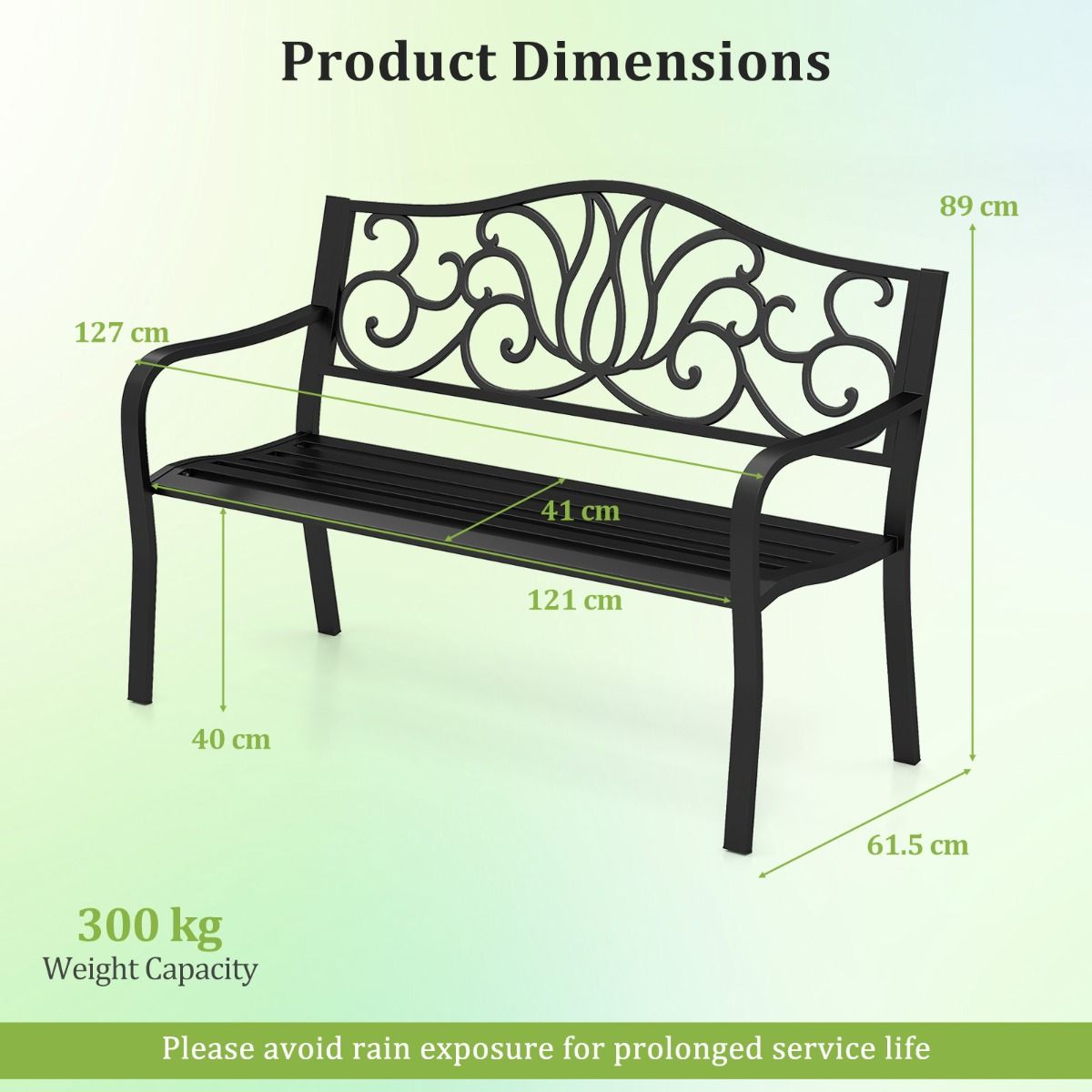 coast Tuinbank Zwart - Gietijzeren Rugleuning met Bloemenpatroon - 127 x 61 x 89 cm - 2-3 Persoons Terrasbank met Armleuningen