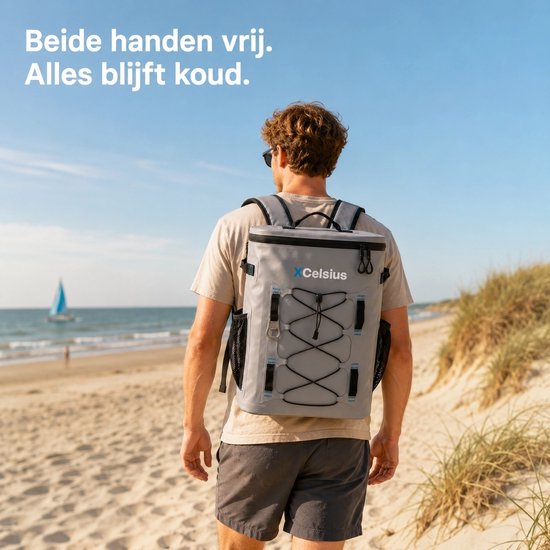XCelsius® Koeltas Rugzak 20 Liter – Koelrugzak met 2 Koelelementen en Flessenopener – Minstens 24 Uur Koel – 100% Waterdicht – Koelrugtas voor Strand, Festival, Boot en Camping – Grijs