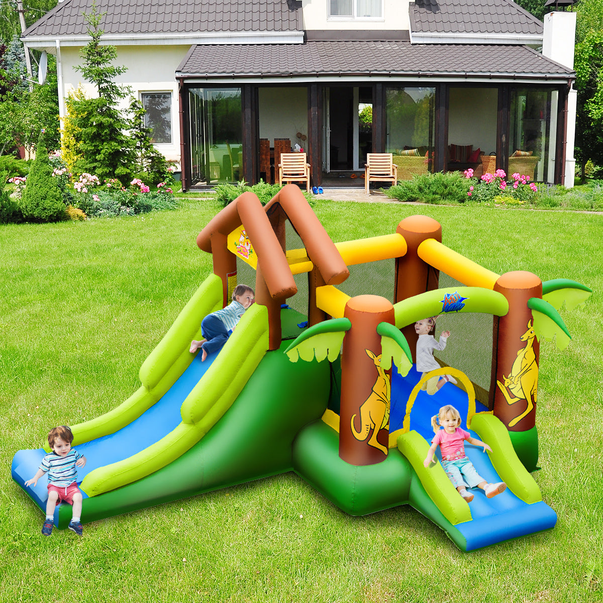 Coast Bouncy Castle opblaasbaar Springburg met 30 ballen veerkrachtig slot met diasplay Castle voor kinderen 390 x 340 x 230 cm