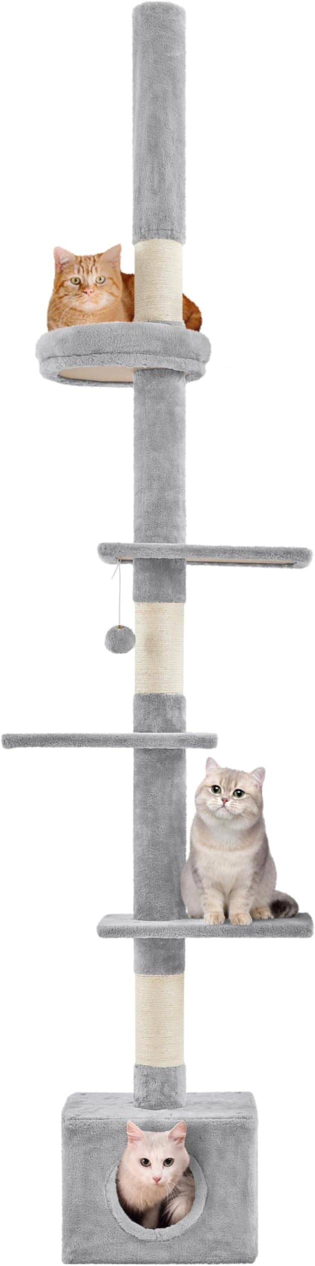 Yaheetech Plafond Krabpaal 226-265,5 cm - Lichtgrijs - Verstelbare Kattenboom met Kattenhuis en 5 Niveaus