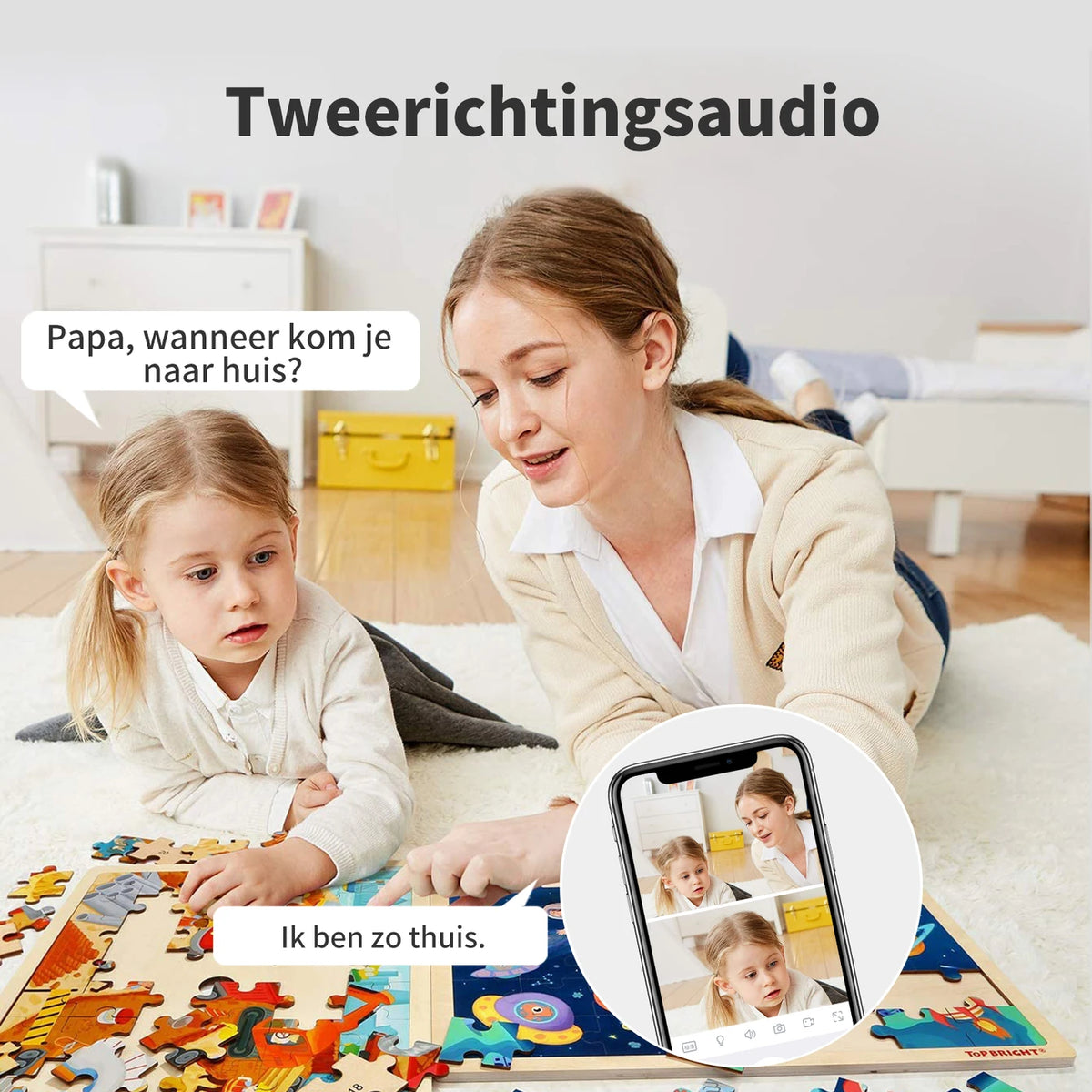 Juancloud Beveiligingscamera voor Binnen met Dubbele Lens - 2K Ultra HD met Nachtzicht - Tweewegaudio en AI-bewegingsdetectie - Wit
