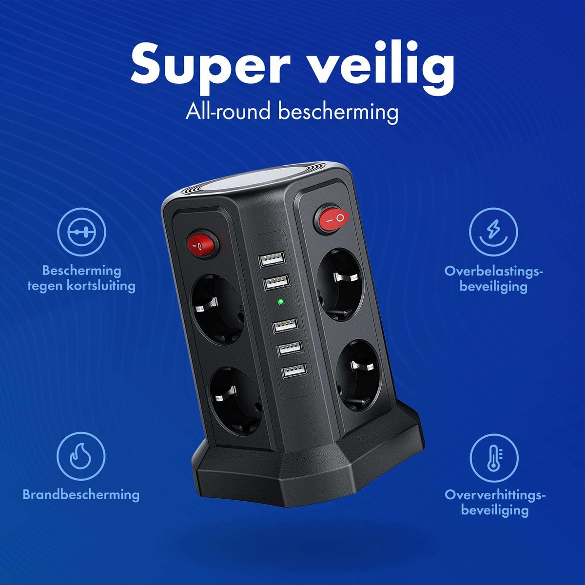 Stekkerdoos met Schakelaar en USB - Energiebesparende Aan/Uit Knoppen - Stekkerblok - Verdeelstekker - Powercube - Zwart - 3 Meter Kabel