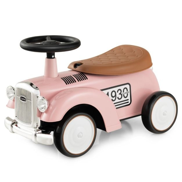 Retro Kinderspeelauto Functioneel Stuur Opbergruimte Onder de Stoel Grote EVA Wielen Loopauto op Vloerhoogte met Leuke Stickers Roze