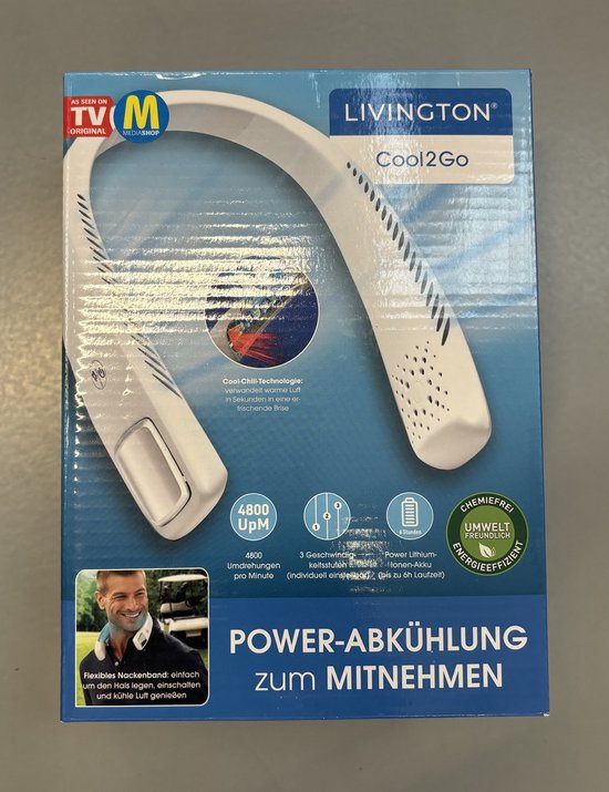 LIVINGTON Cool2Go Nekventilator - lichtgewicht draagbare nekventilator met 3 snelheden, flexibele nekriem en 6 uur werktijd.