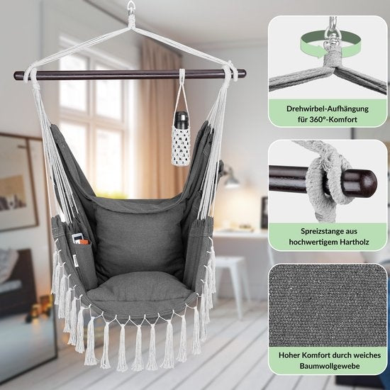 Detex Hangstoel Bohemian – Incl. Fleshouder/2 Kussens XL - Antraciet