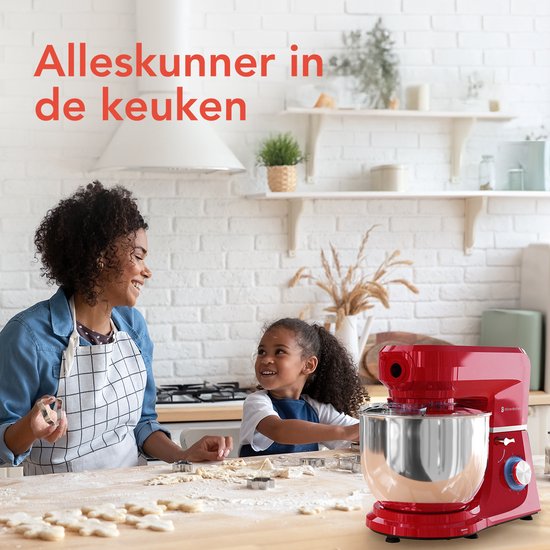 KitchenBrothers Keukenmachine - 6-in-1 Keukenrobot - 1500W - Met Gehaktmolen, Blender en 15 Accessoires - 6,2L RVS Kom - Rood